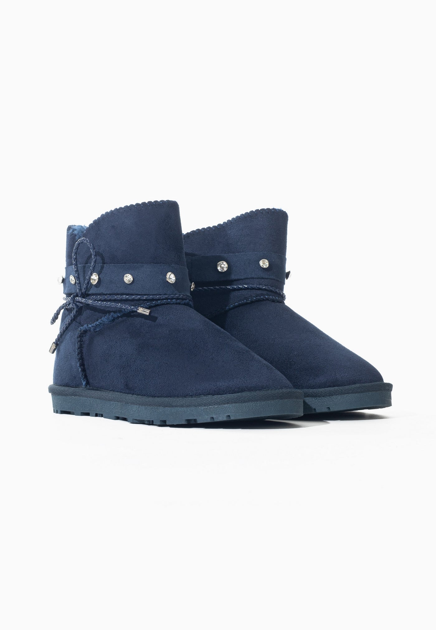 Bottes fourrées enfant Sutton marine vues de trois-quarts, brides serties de strass