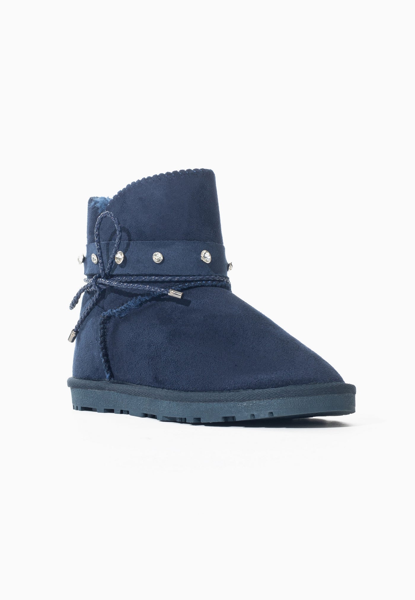 Botte fourrée enfant Sutton marine de trois-quarts, semelle crantée marine assortie