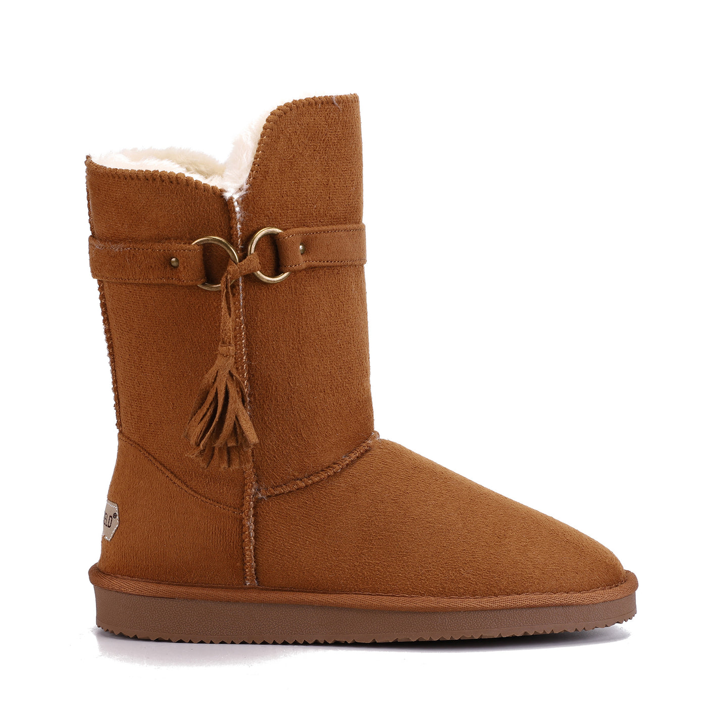 Botte fourrée Creede camel vue de l'autre profil, bride haute et glands à franges
