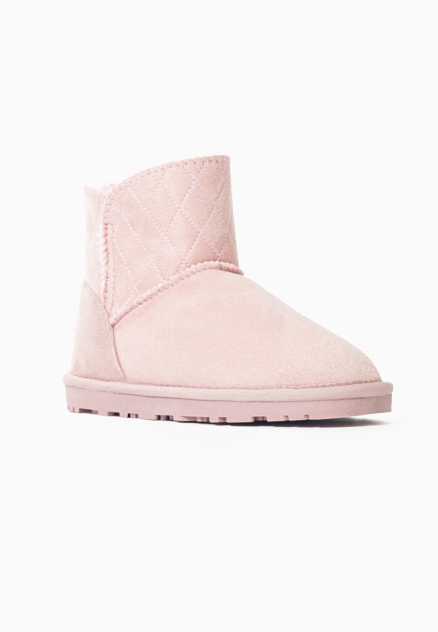 Botte fourrée Tinke rose de trois-quarts face, bout arrondi et couture festonnée