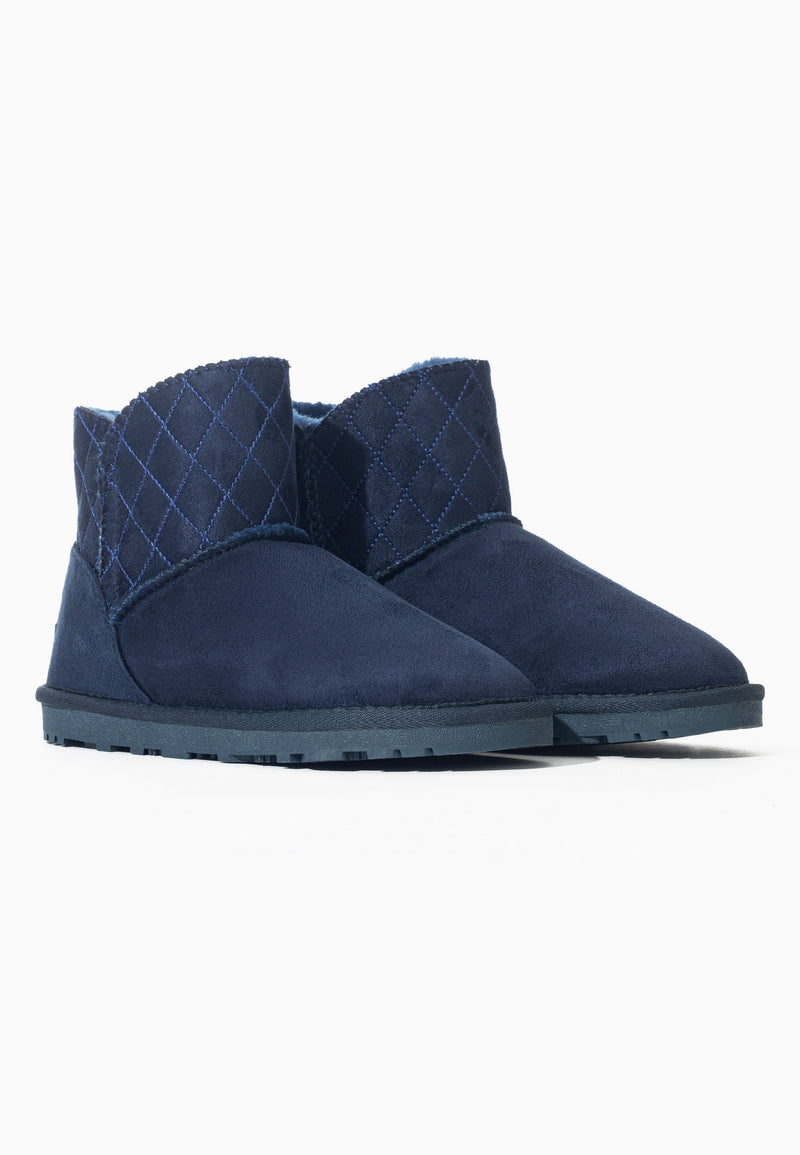 Bottes fourrées enfant Tinke marine vues de trois-quarts, hauts de tige matelassés