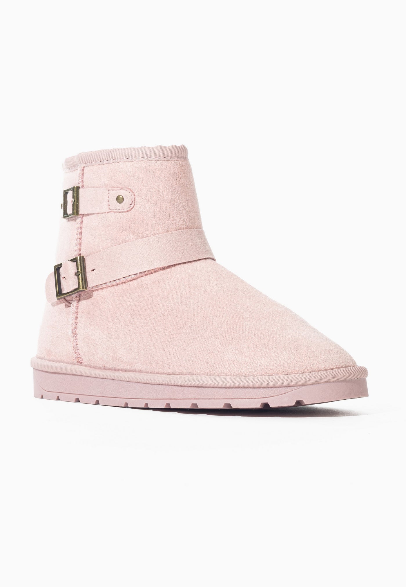 Bottine fourrée Olwen rose de trois-quarts avant, microfibre rose poudré et bout arrondi