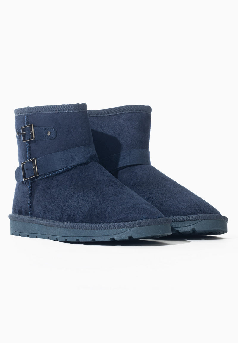 Paire de bottines fourrées Olwen marine de trois-quarts face, deux brides à boucles