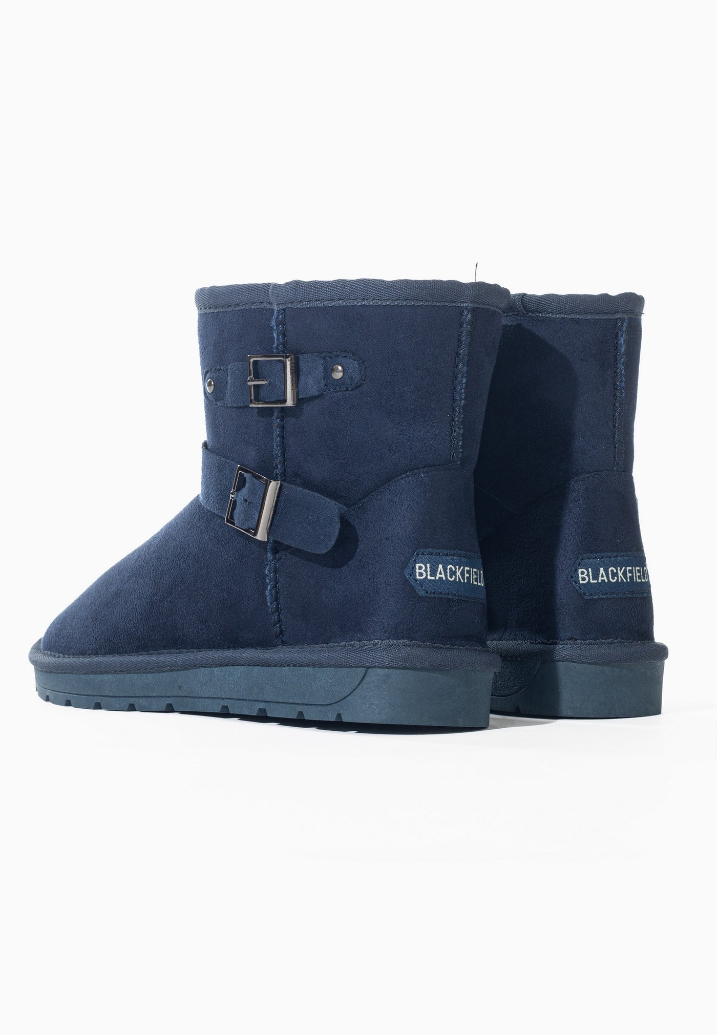 Bottines fourrées Olwen marine vues de dos, étiquettes Blackfield claires aux talons