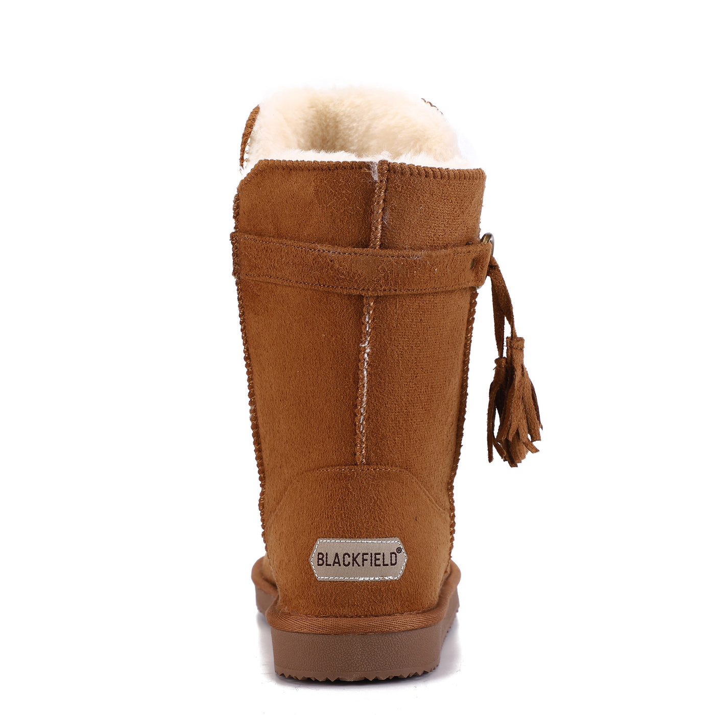 Botte fourrée Creede camel vue de dos, étiquette Blackfield au talon et doublure écrue