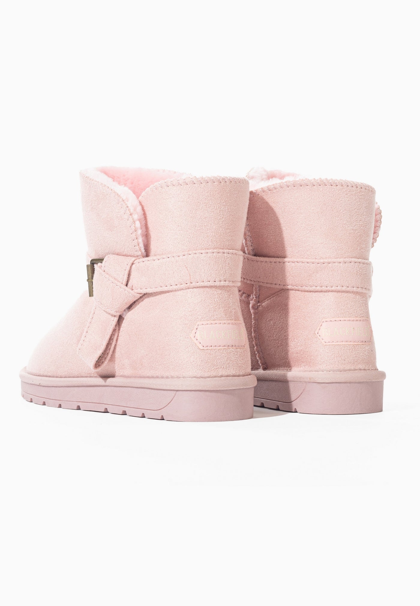 Bottines fourrées Eualie rose vues de dos, doublure rose au bord de l'ouverture