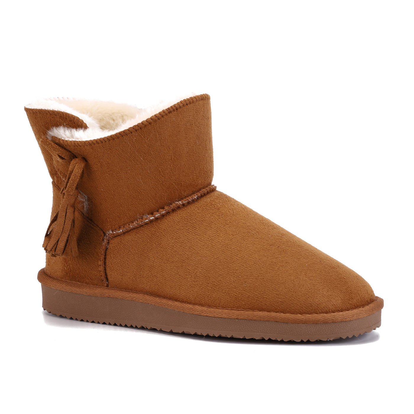 Bottine fourrée Curry camel de profil, col rabattu sur la fausse fourrure blanche