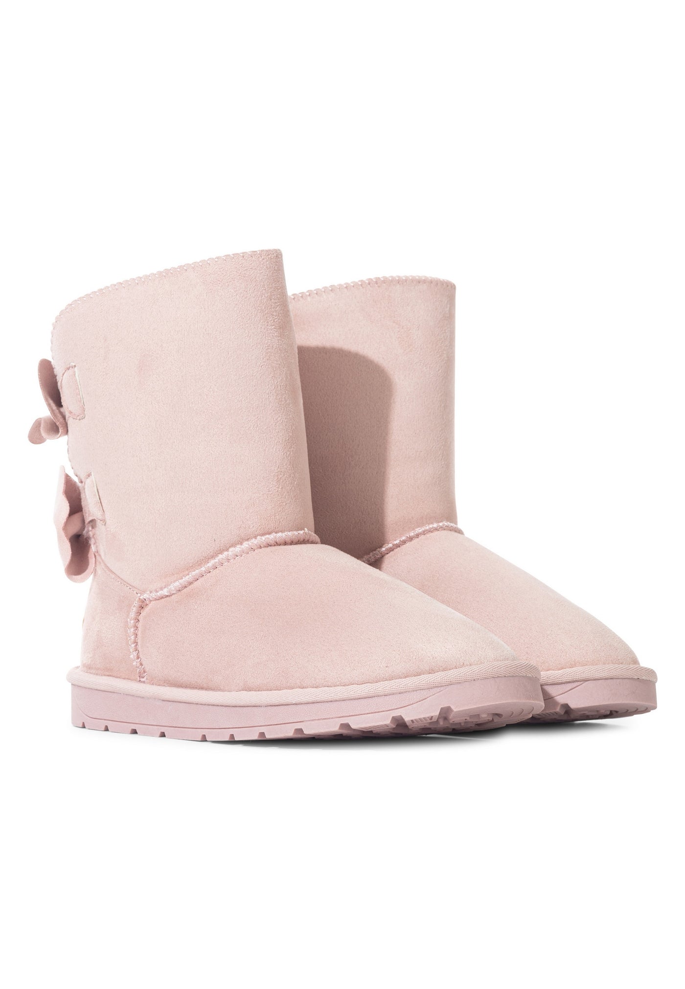 Bottines fourrées Livai rose vues de trois-quarts, paire posée et nœuds au dos