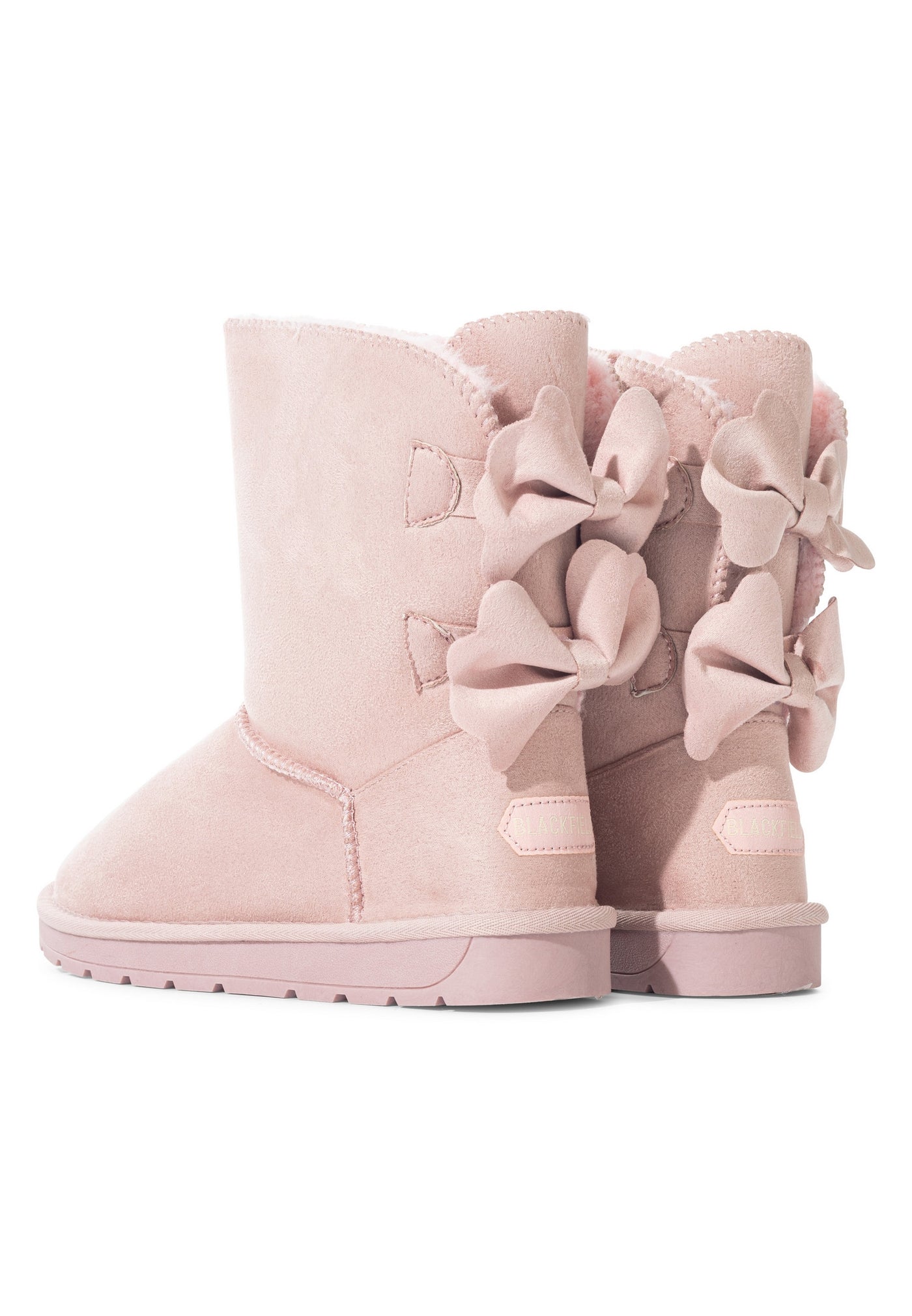 Paire de bottines fourrées Livai rose vue de dos, quatre nœuds en microfibre