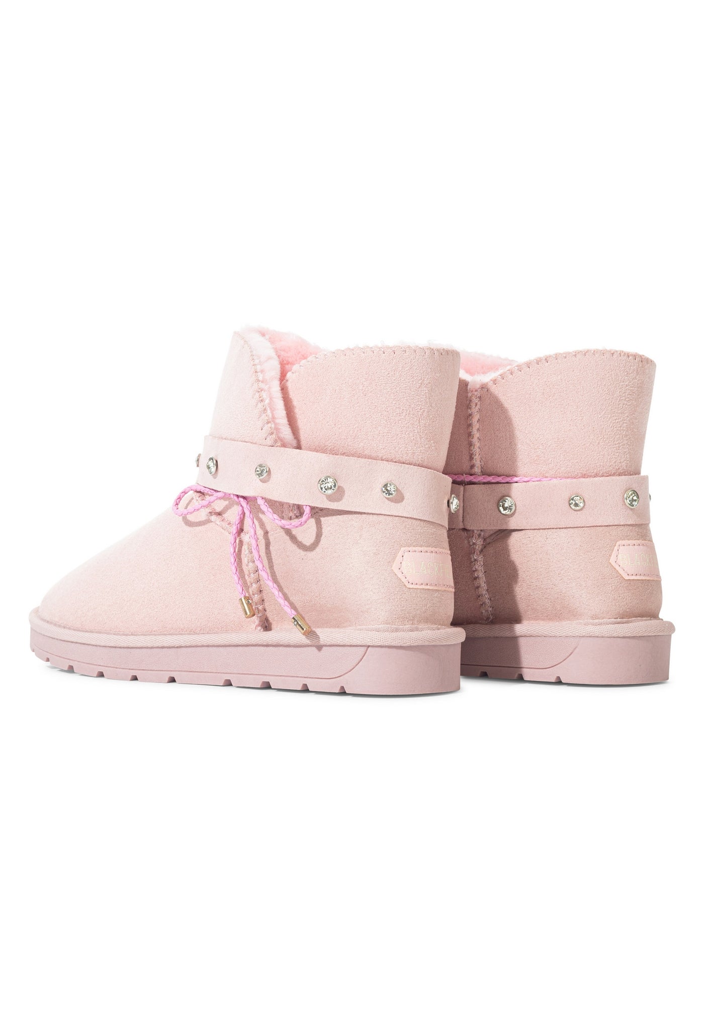 Paire de bottines fourrées Stila rose vues de dos, brides cloutées et cordons