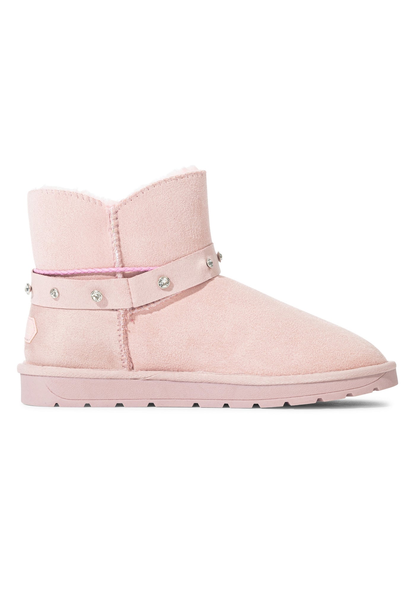 Bottine fourrée Stila rose vue de trois-quarts, bride à strass et petits clous