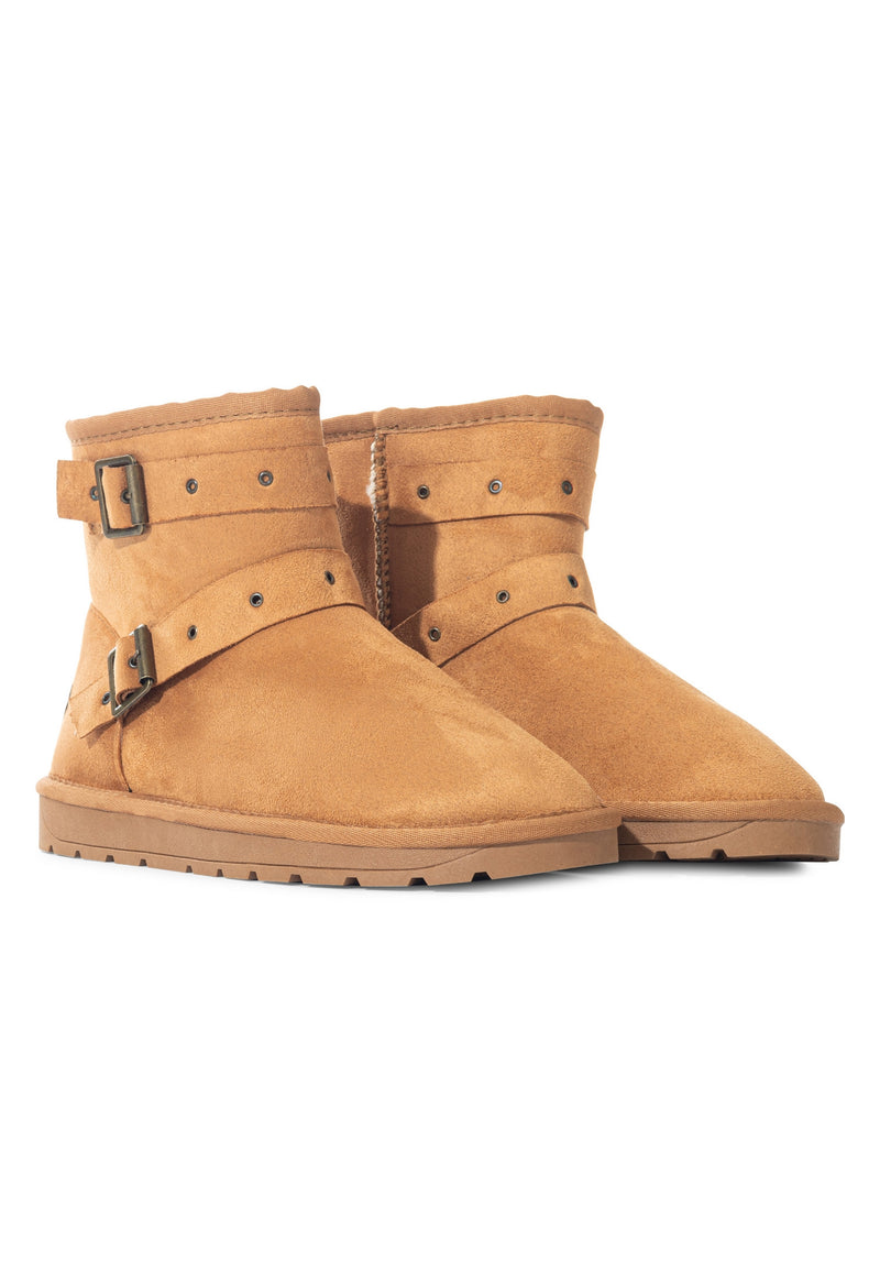 Paire de bottines fourrées Erendele camel vue de trois-quarts, brides croisées à boucles bronze
