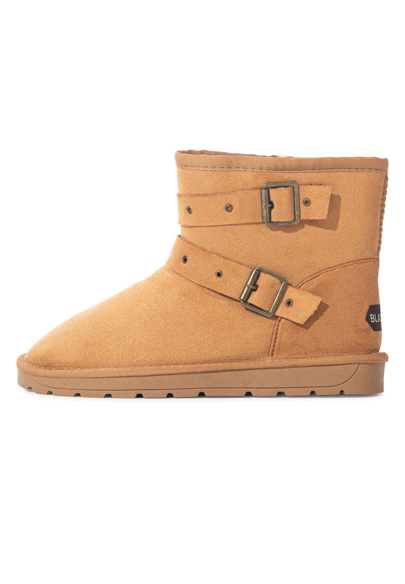 Bottine fourrée Erendele camel de profil, étiquette Blackfield noire cousue au talon