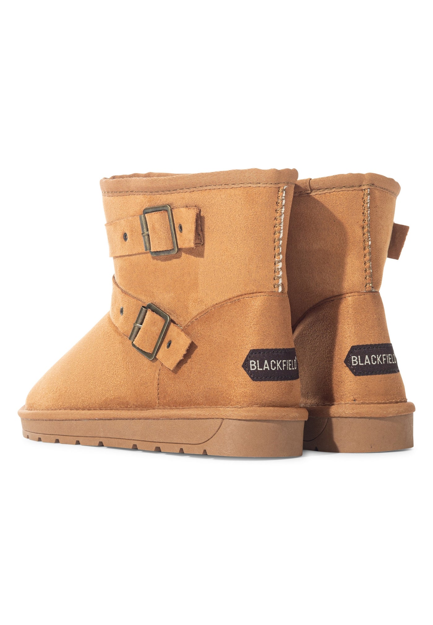 Bottines fourrées Erendele camel vues de dos, les deux étiquettes Blackfield au talon