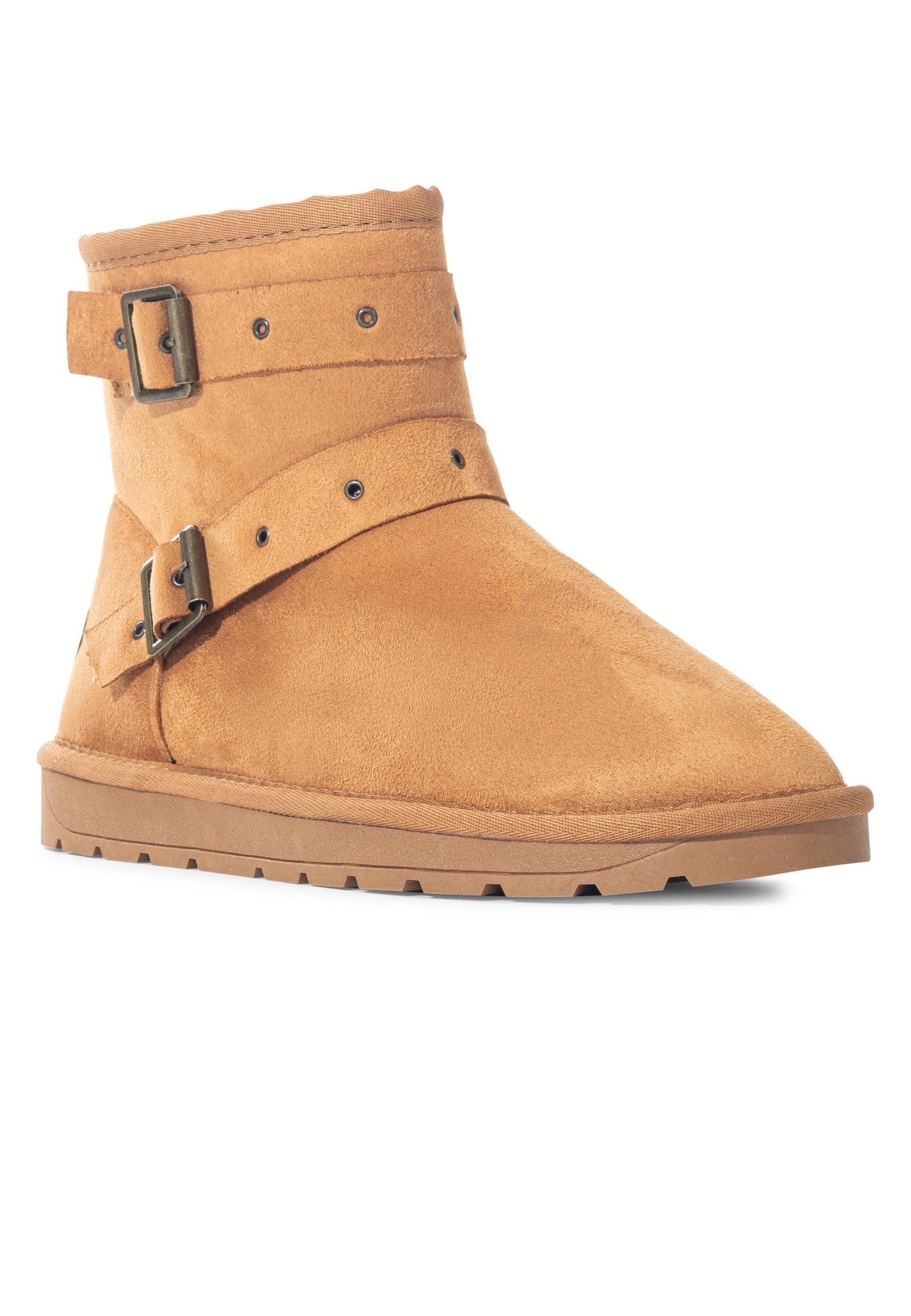 Bottine fourrée Erendele camel de près, boucle rectangulaire et œillets rivetés sur la bride