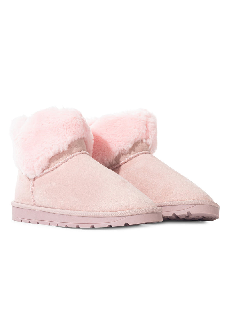 Les deux bottines fourrées Olivia rose vues de trois-quarts, revers pâles repliés