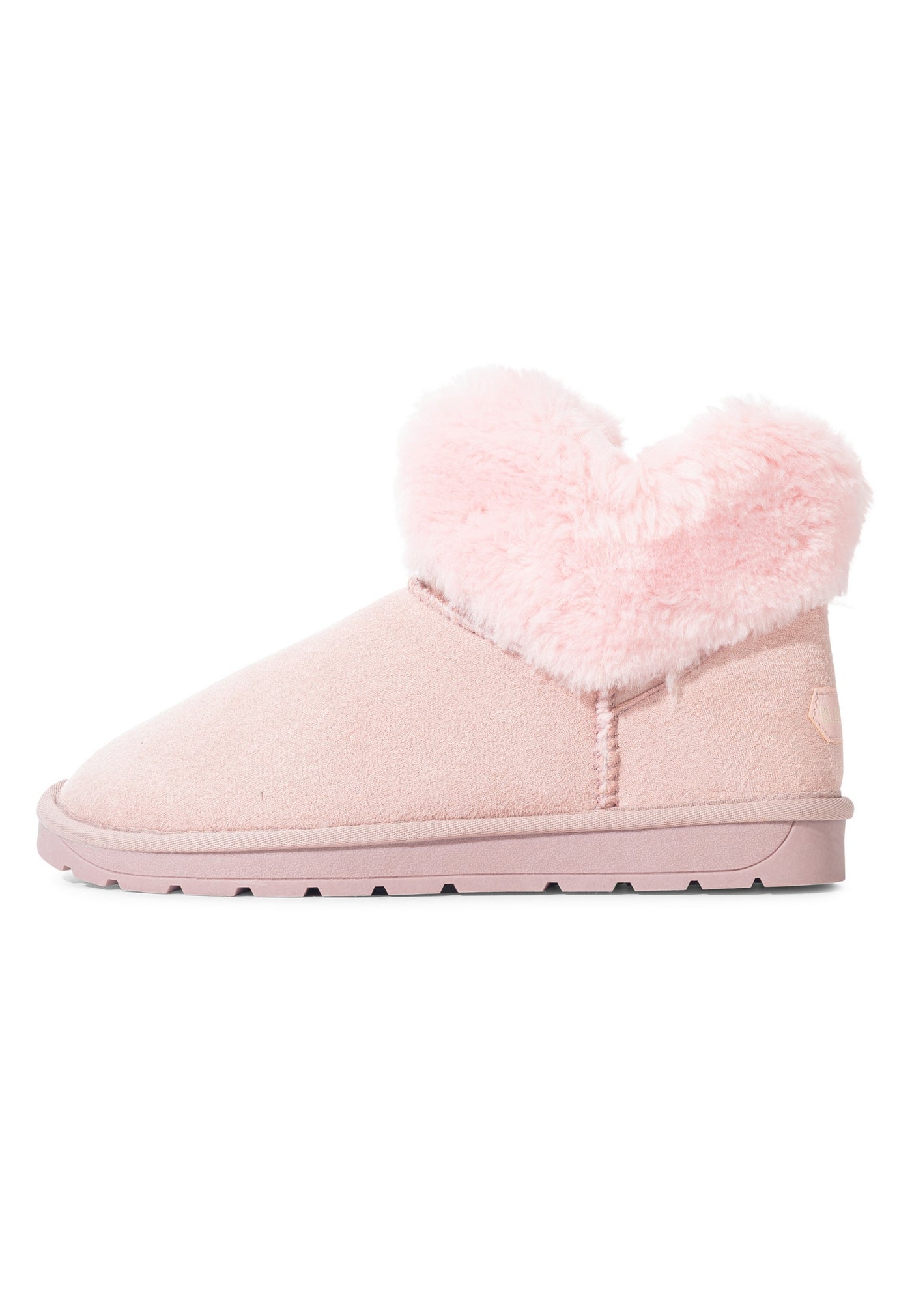 Bottine fourrée Olivia rose de profil, revers échancré en V et couture le long de la tige