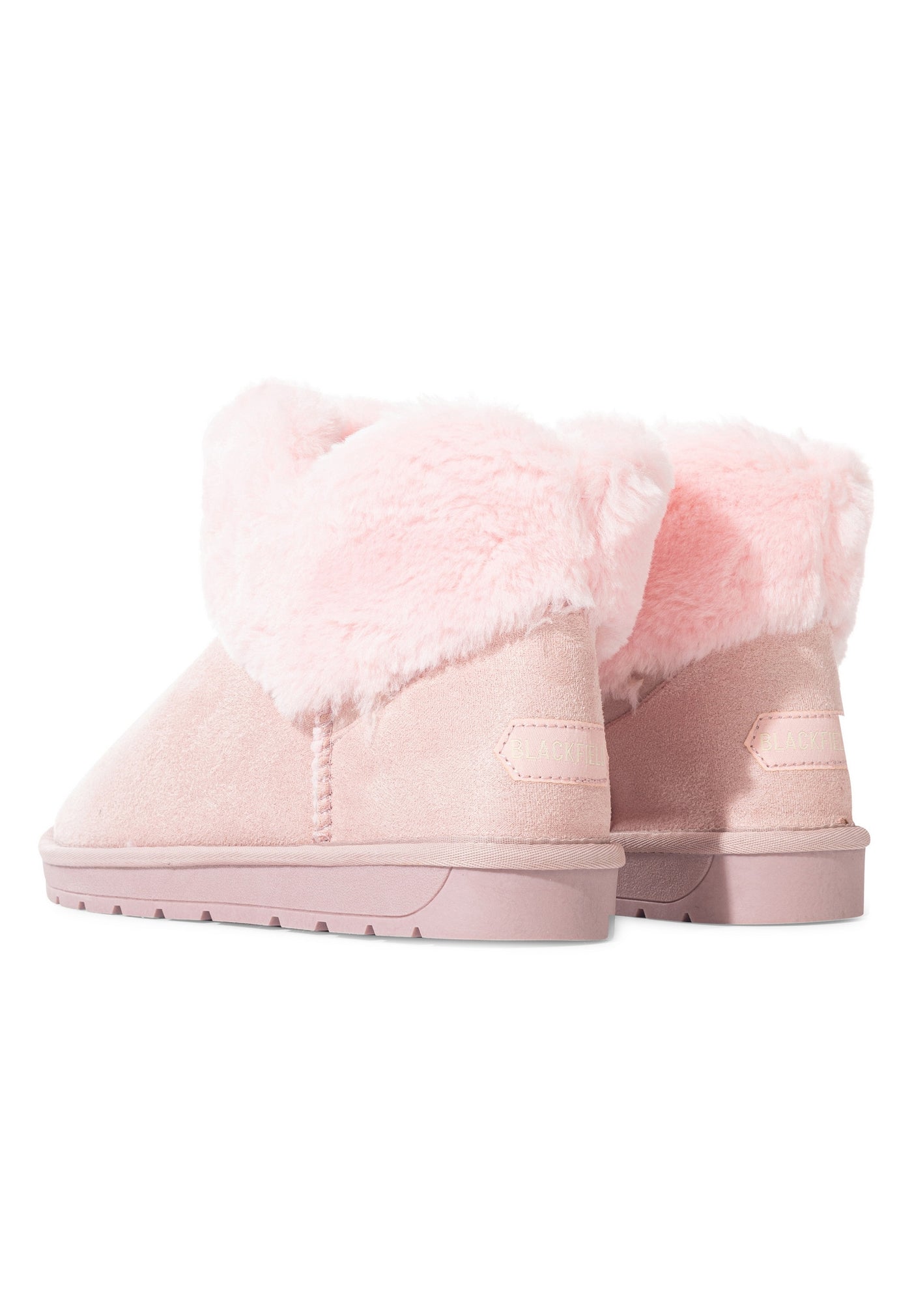 Paire de bottines fourrées Olivia rose vue de dos, revers bouclés et semelles crantées roses