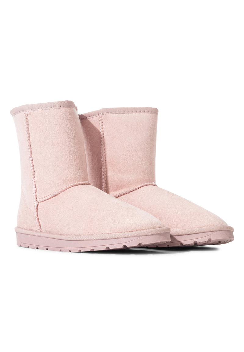 Paire de bottines fourrées Joy rose vue de trois-quarts, tige mi-mollet unie
