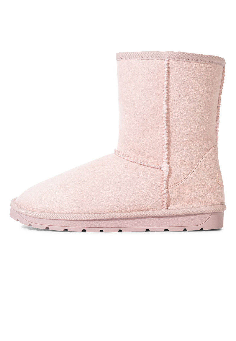 Botte fourrée Joy rose de profil, surpiqûre en cordon le long du bord de tige