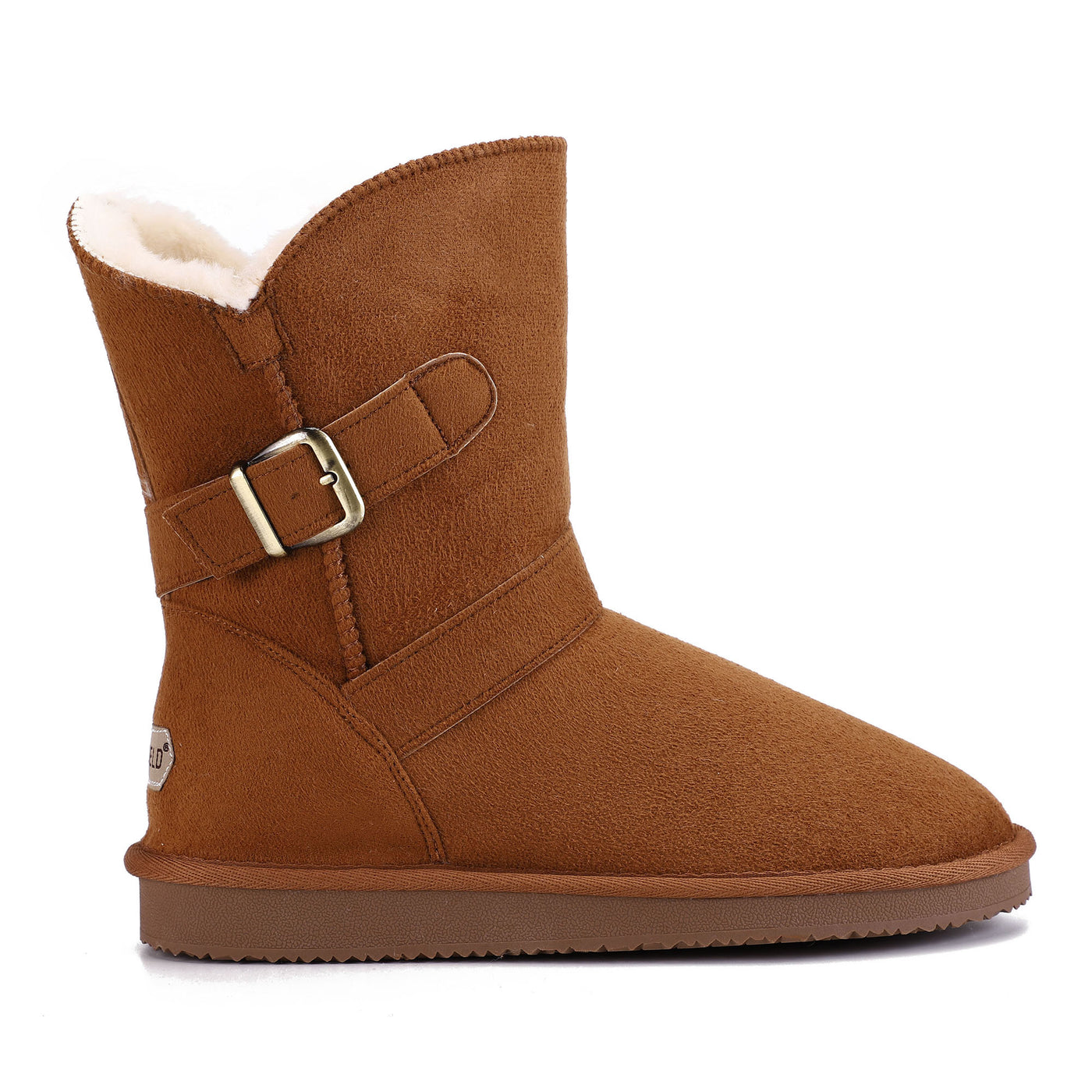 Bottine fourrée Eden camel de profil, boucle laiton et échancrure en pointe