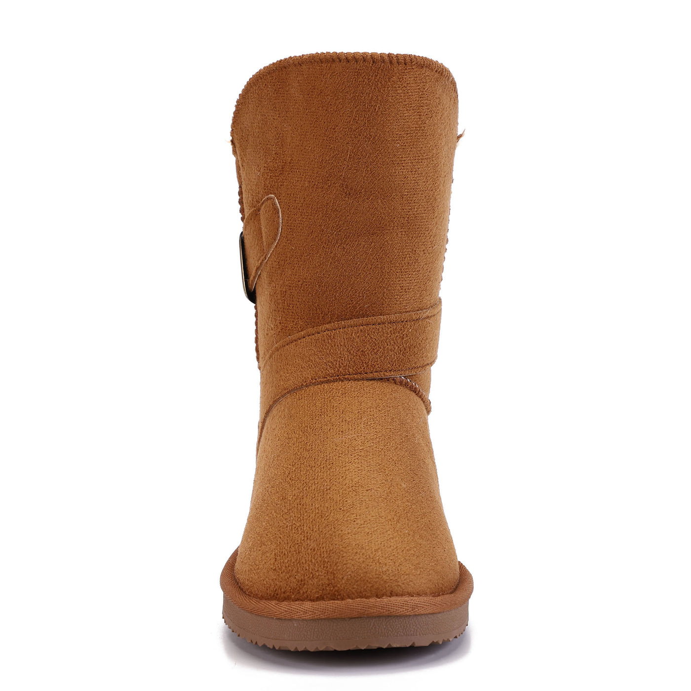 Bottine fourrée Eden camel vue de face, tige droite et sangle basse sur le pied