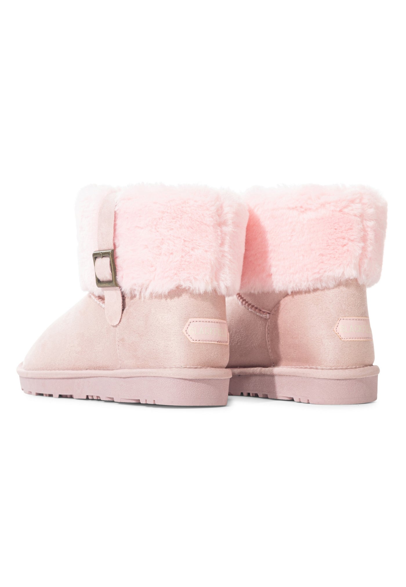 Paire de bottines fourrées Afton roses de trois-quarts arrière, revers repliés