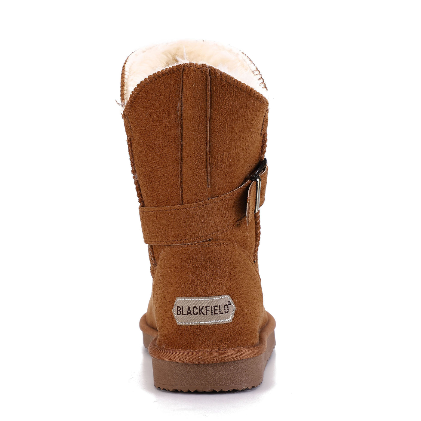 Bottine fourrée Eden camel vue de dos, étiquette Blackfield cousue au talon