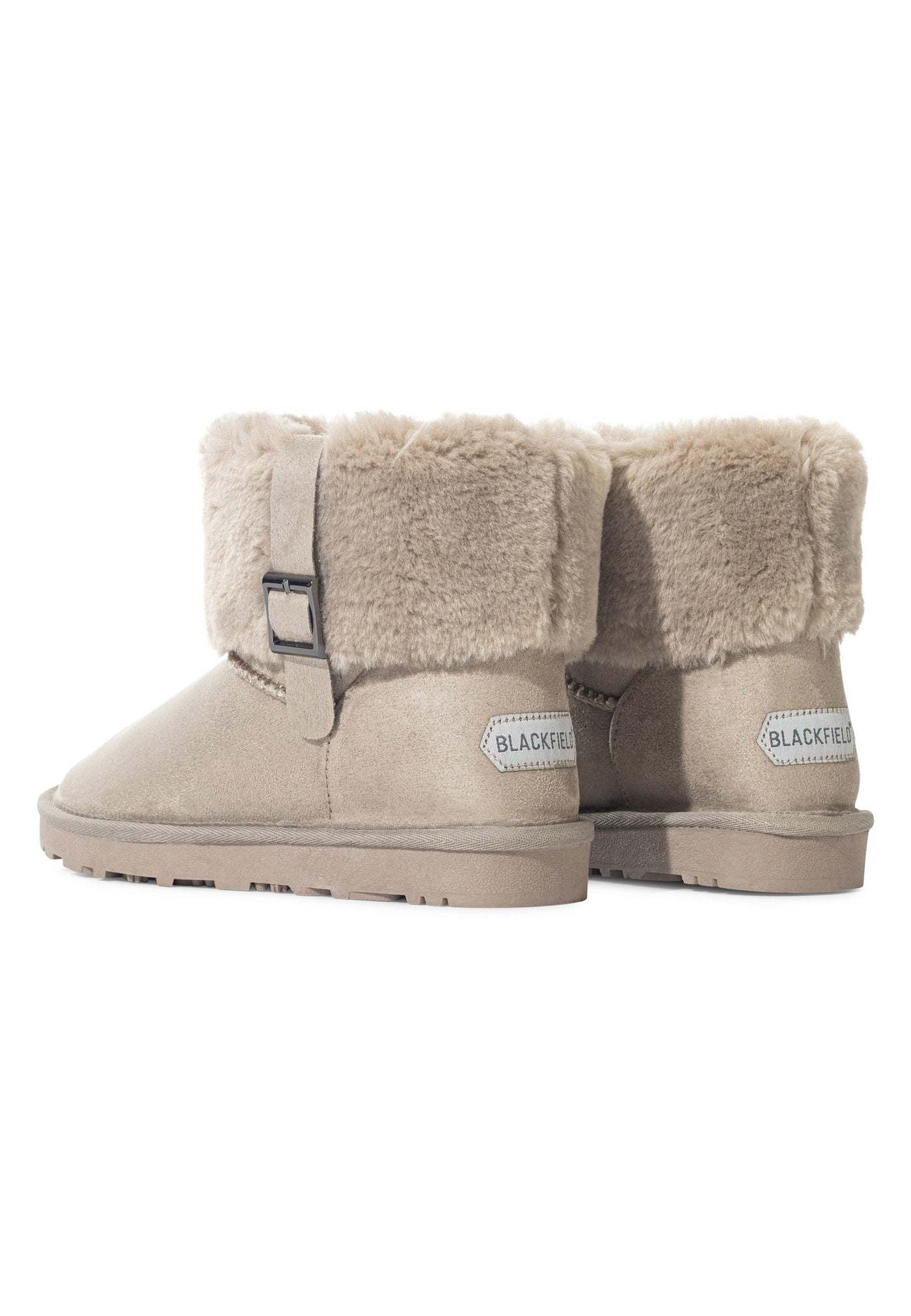 Paire de bottines fourrées Afton naturel de dos, étiquettes Blackfield aux talons