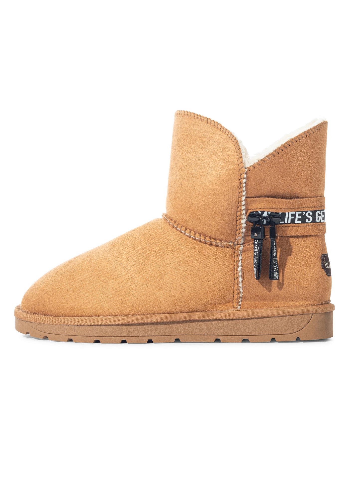 Bottine fourrée Zeek camel de profil, ruban tissé et languette BEST CLASSIC
