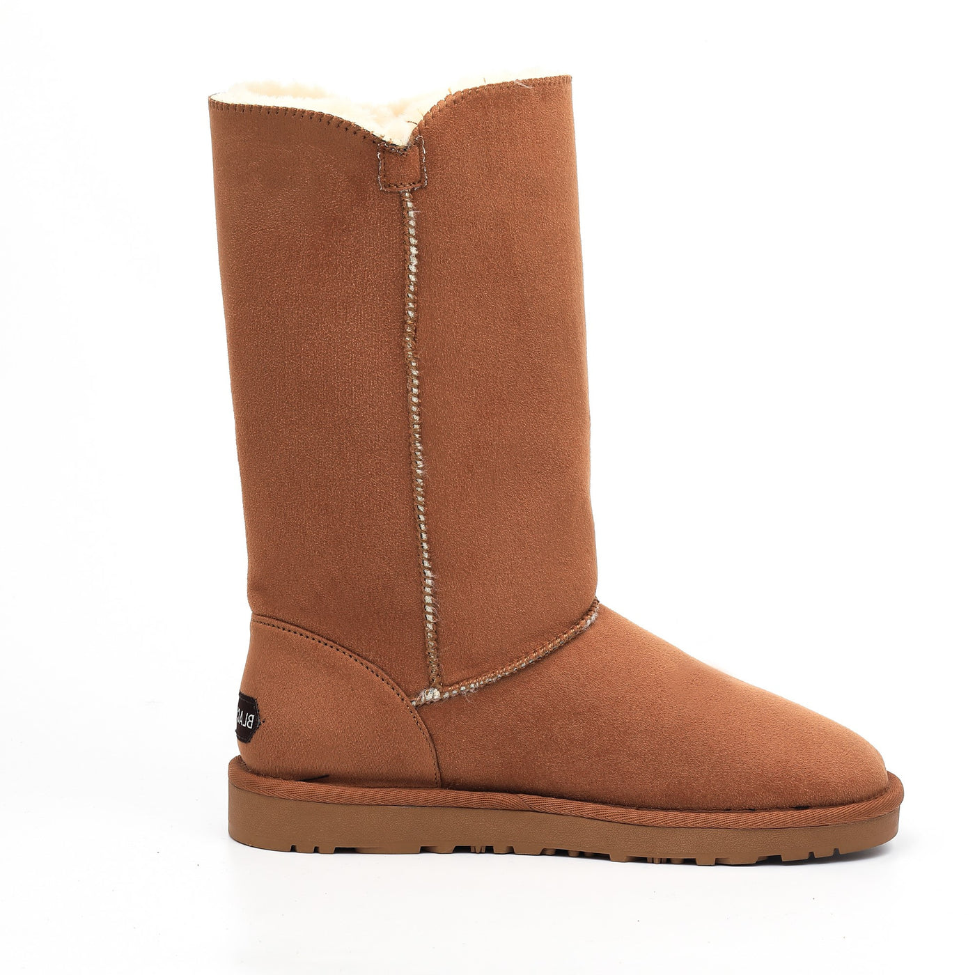 Botte fourrée Flocon camel vue de profil du côté lisse, étiquette Blackfield au talon