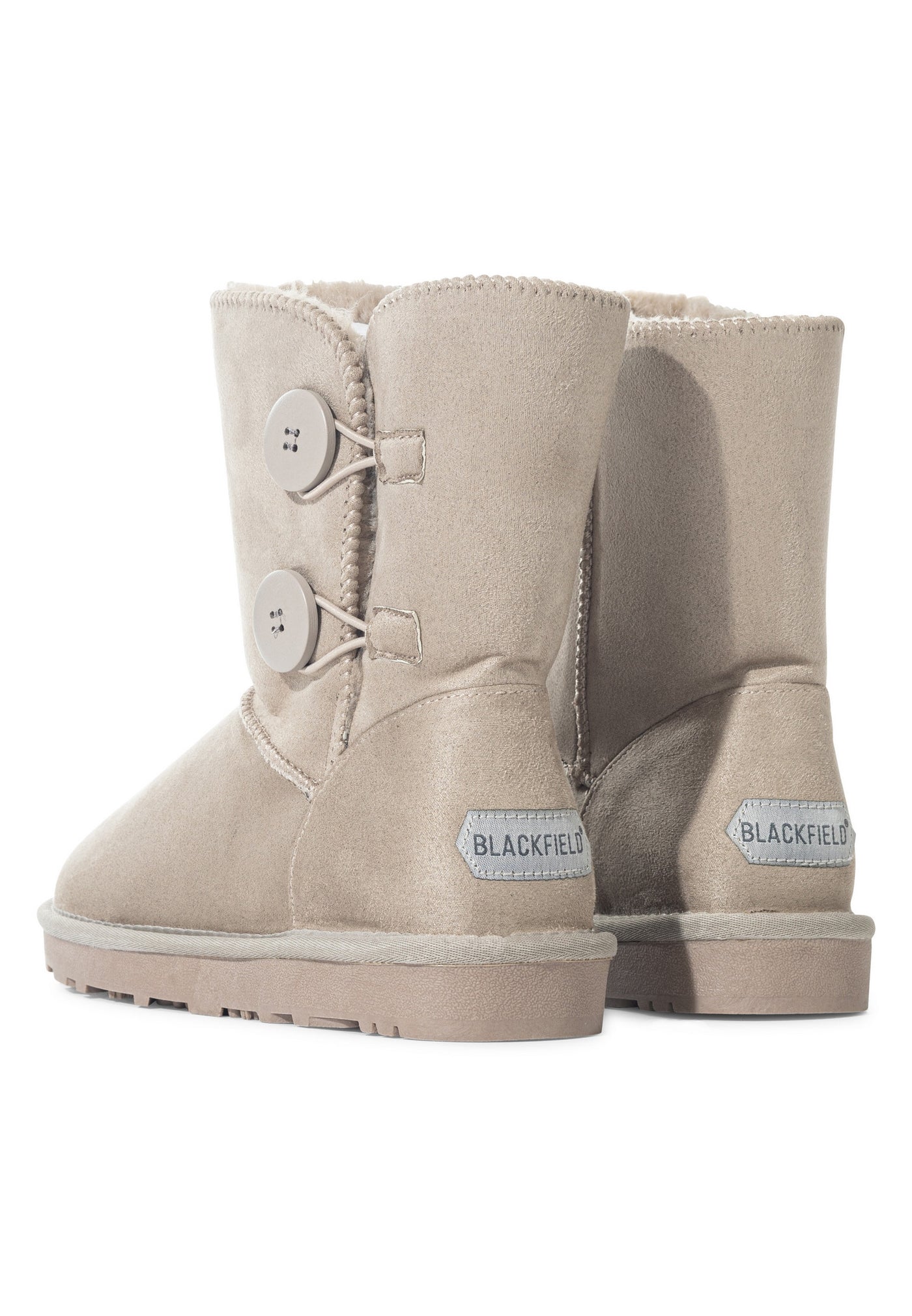 Paire de bottines fourrées Lola camel vue de dos, deux étiquettes aux talons