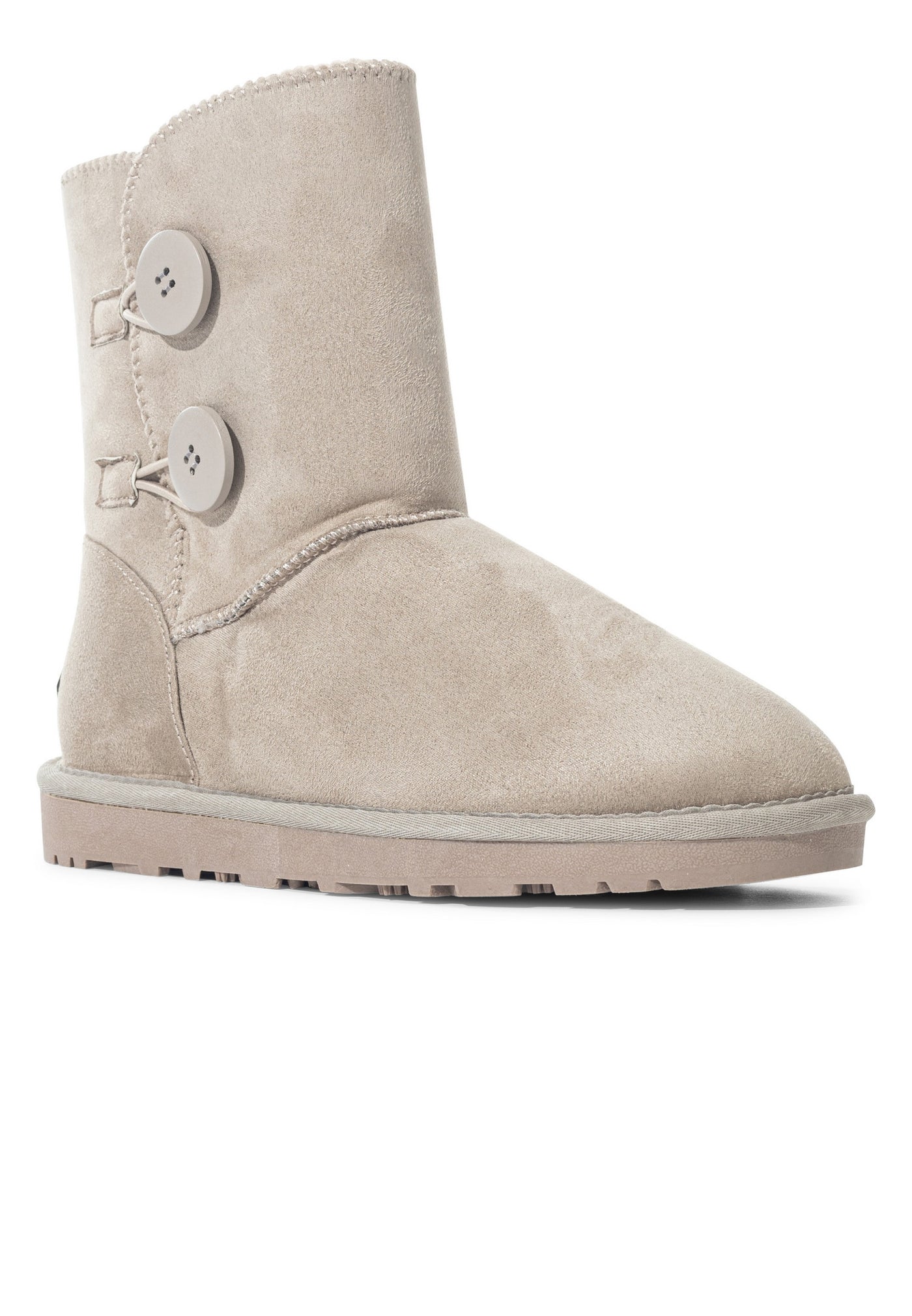 Bottine fourrée Lola camel de trois-quarts de près, brides de microfibre et boutons