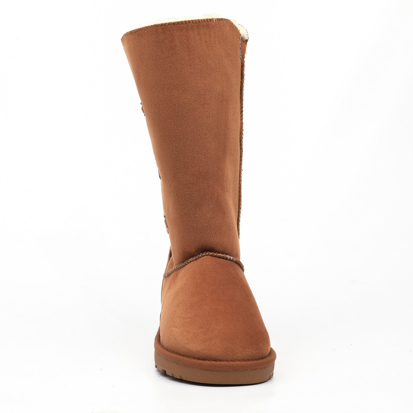 Botte fourrée haute Flocon camel vue de face, tige montante et bout rond en microfibre
