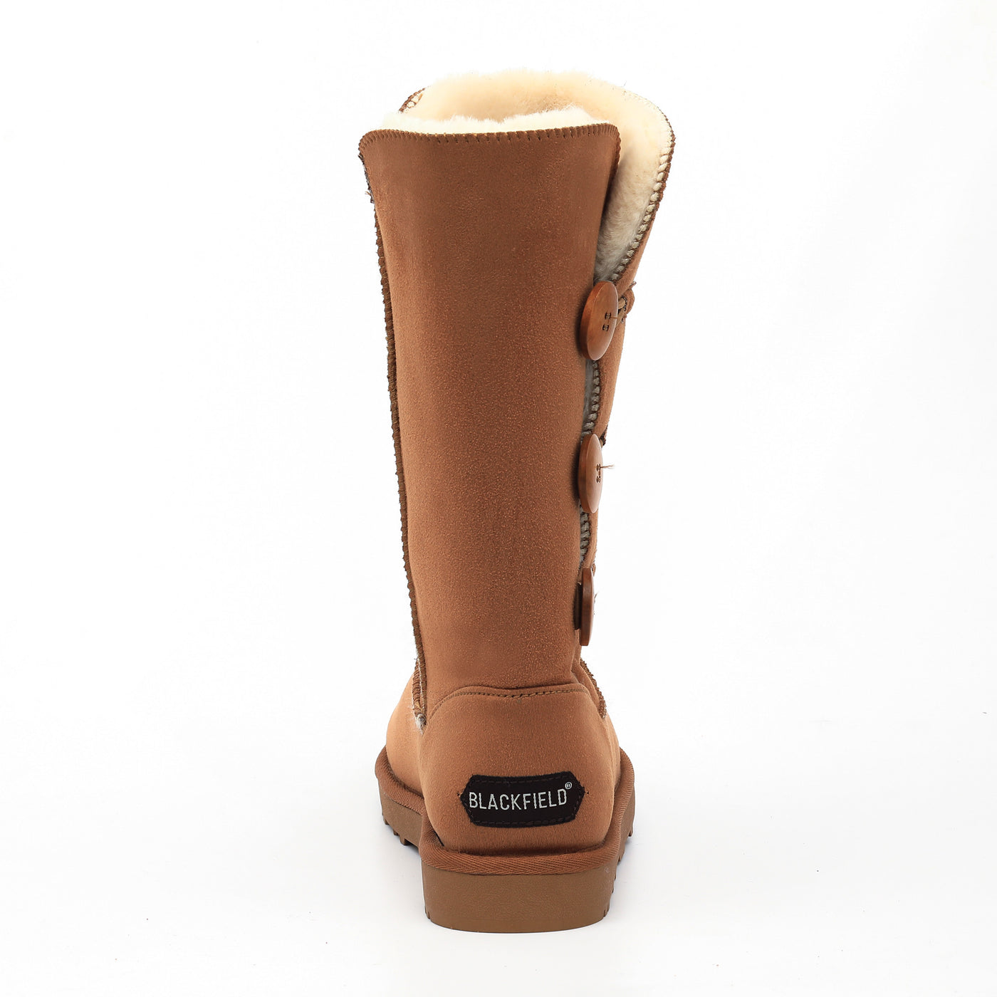 Botte fourrée Flocon camel vue de dos, bord de fausse fourrure crème et boutons de bois