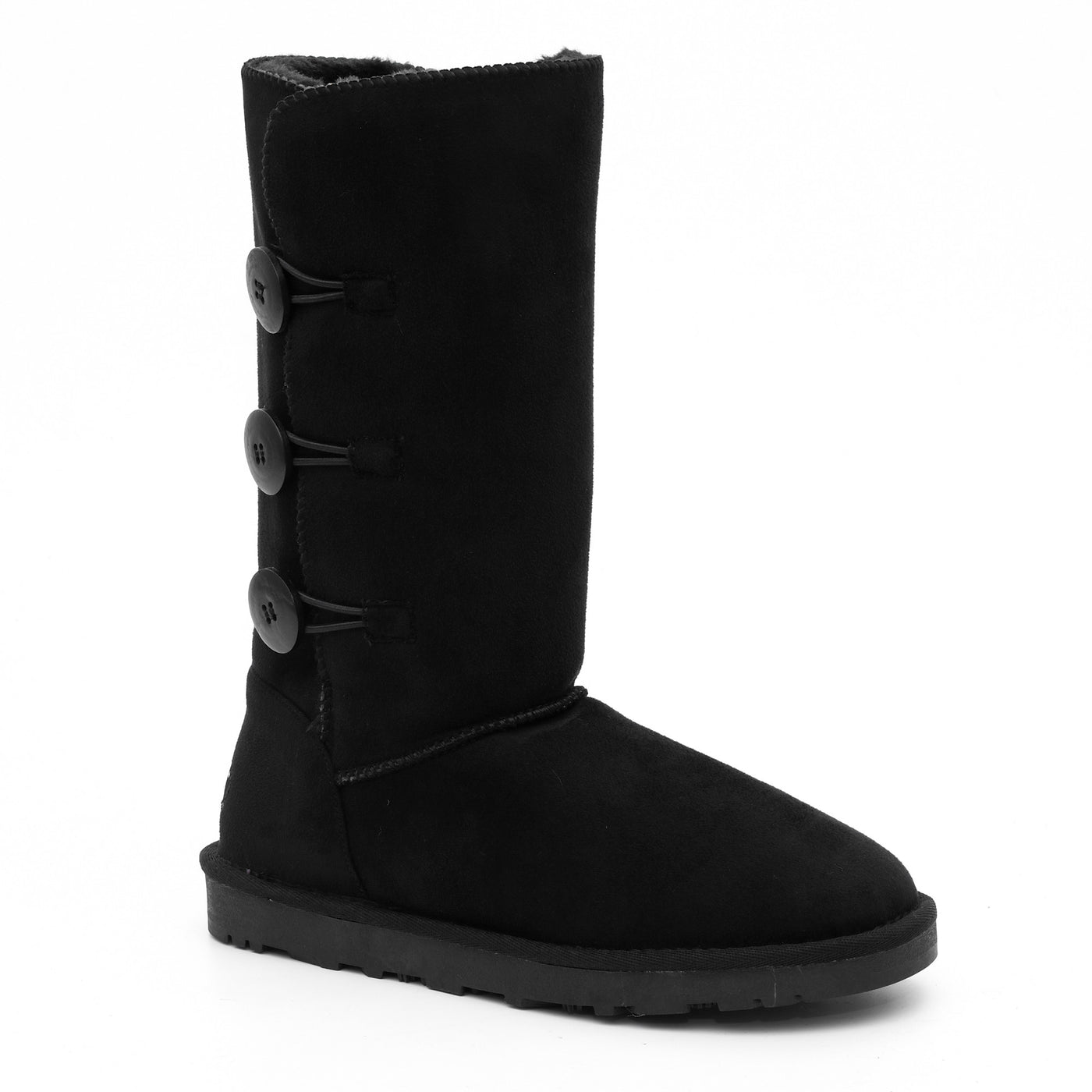 Botte fourrée haute Flocon noire de trois-quarts, trois boutons échelonnés sur la tige