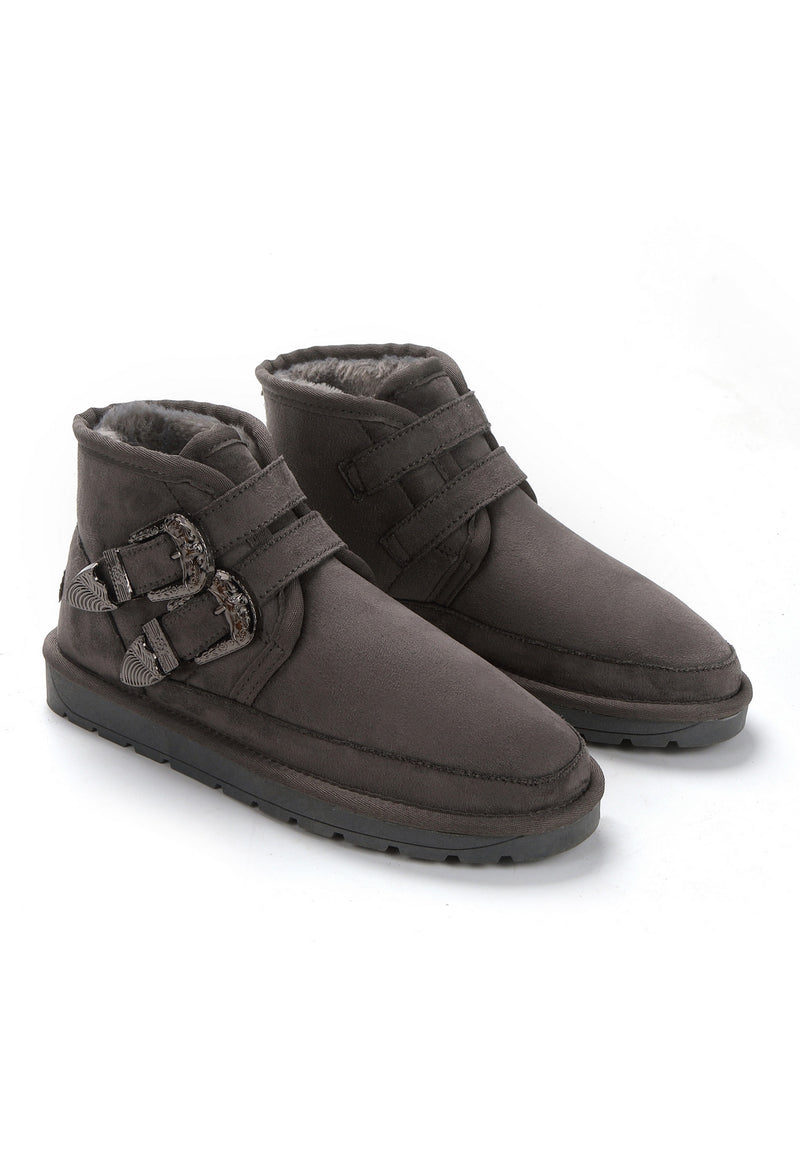 Paire de bottines fourrées Endiana anthracite de trois-quarts, boucles western