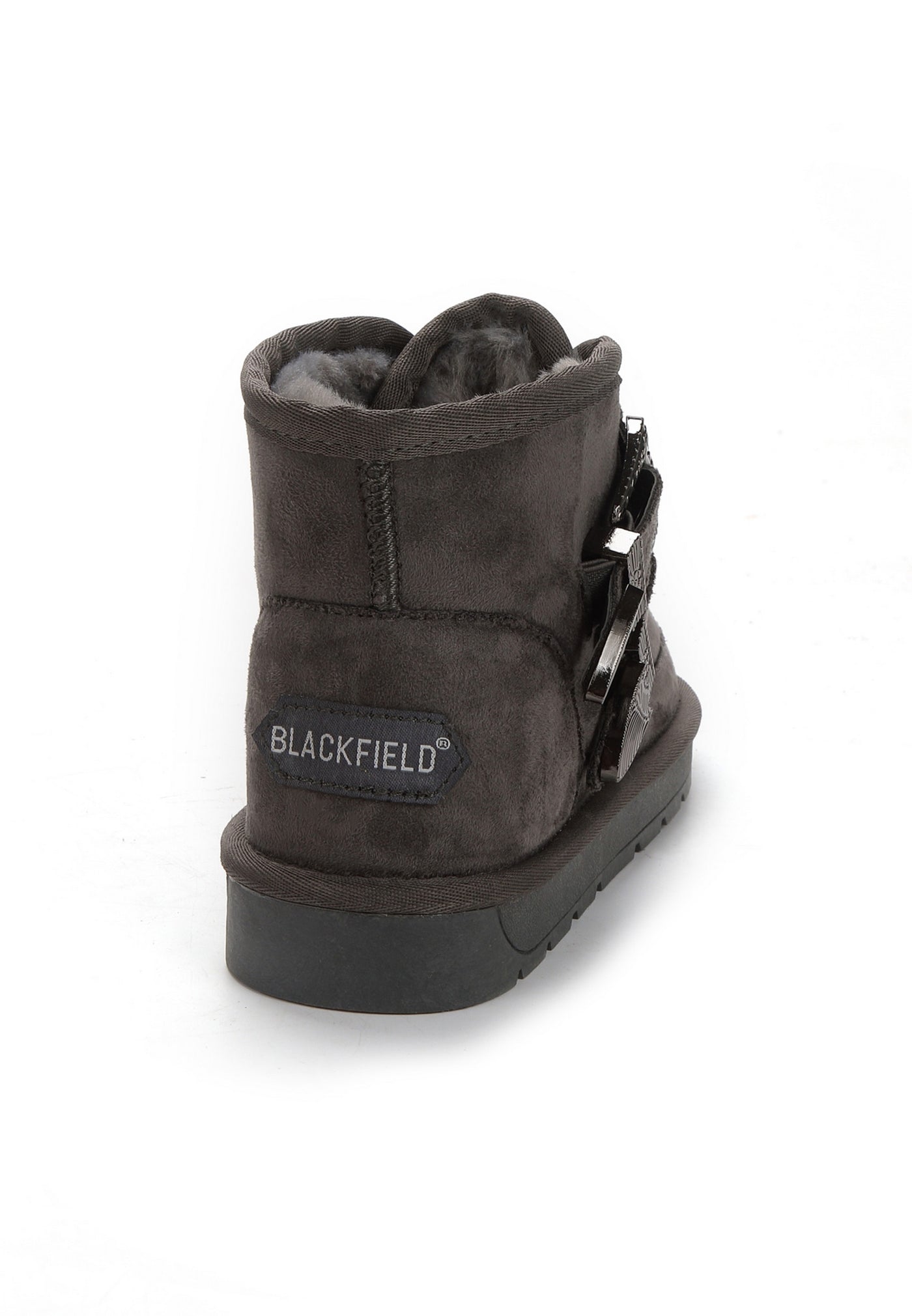 Bottine fourrée Endiana anthracite vue de dos, écusson Blackfield cousu au talon