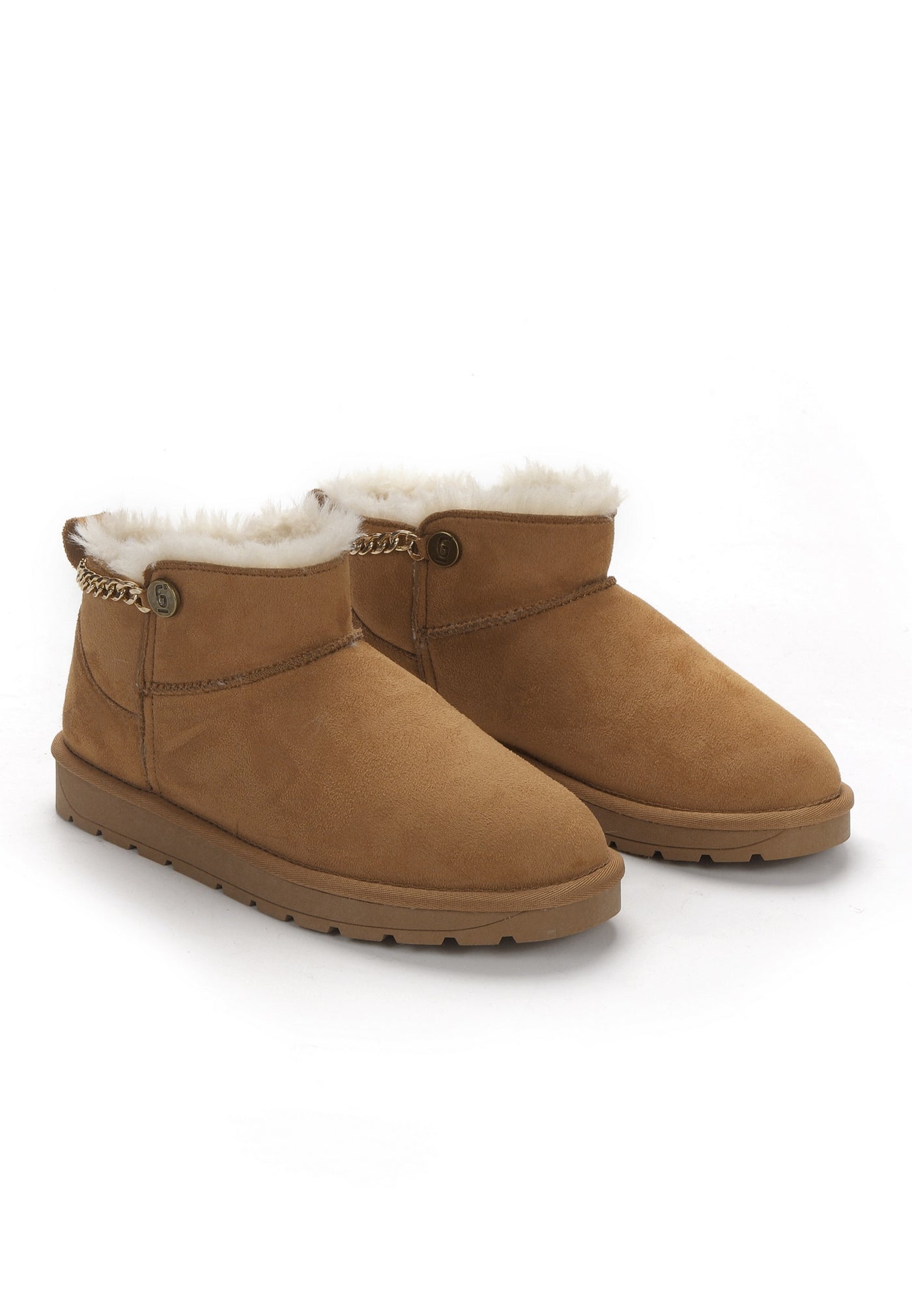 Paire de bottines fourrées Ekhlas camel en trois-quarts, chaîne dorée sur le col crème