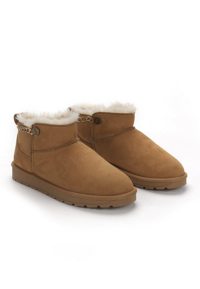 Paire de bottines fourrées Ekhlas camel en trois-quarts, chaîne dorée sur le col crème