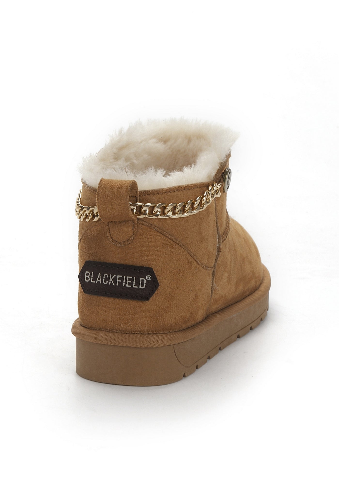 Bottine fourrée Ekhlas camel vue de dos, étiquette Blackfield cousue sur le talon