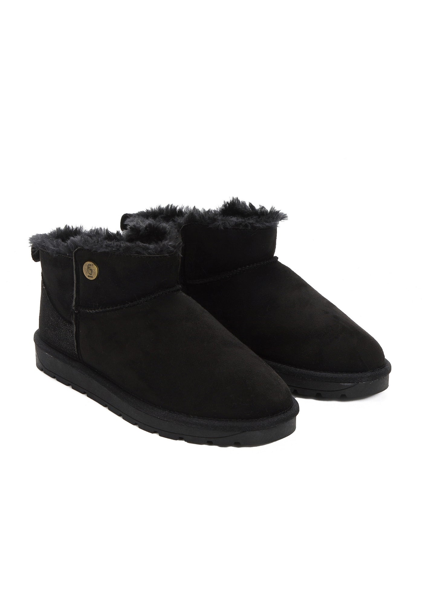 Deux bottines fourrées Edeh noires de trois-quarts face, panneau pailleté