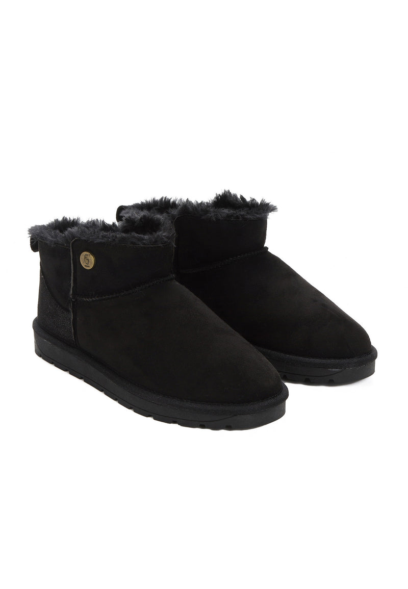 Deux bottines fourrées Edeh noires de trois-quarts face, panneau pailleté