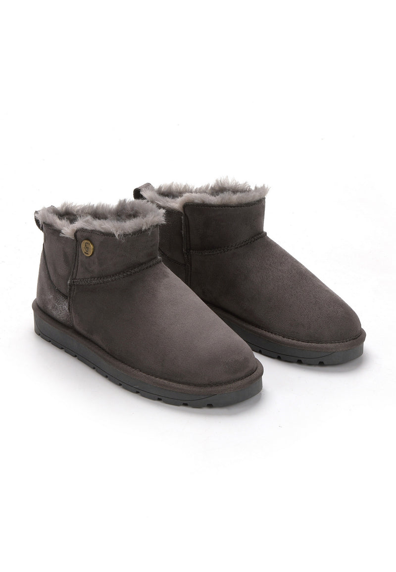 Les bottines fourrées Edeh anthracite côte à côte, de trois-quarts, bouton doré au col