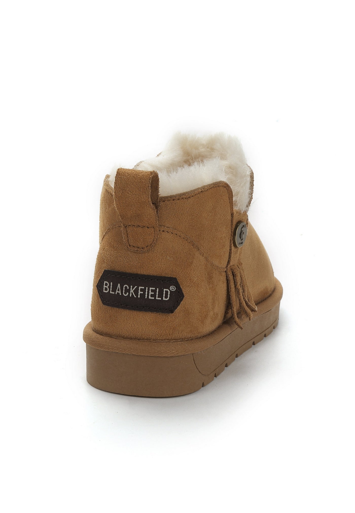 Bottine fourrée Elonie camel vue de dos, étiquette Blackfield et patte de tirage