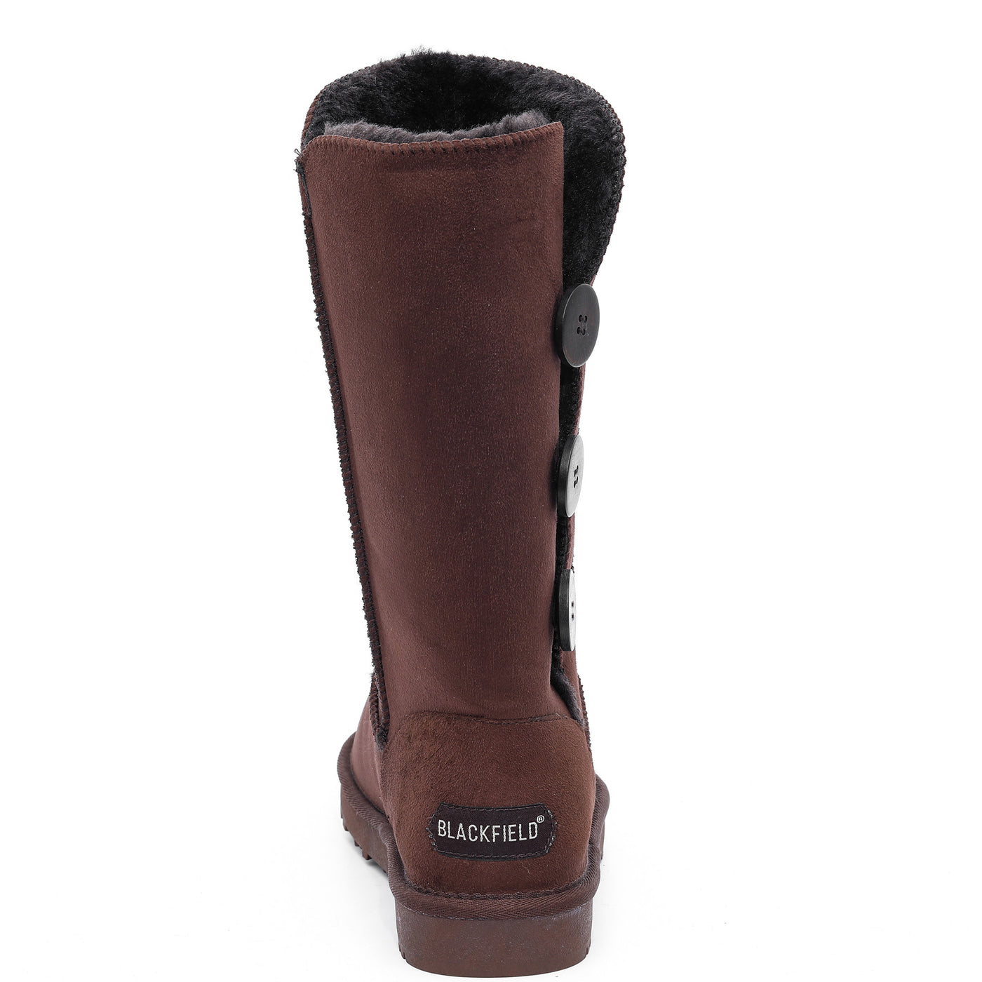 Botte fourrée Flocon marron de dos, col en fausse fourrure sombre et étiquette au talon