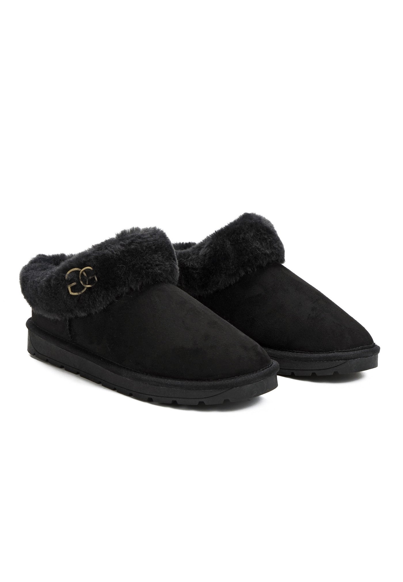 Trois-quarts face sur la paire de bottines fourrées Ensha noires, anneaux dorés au col
