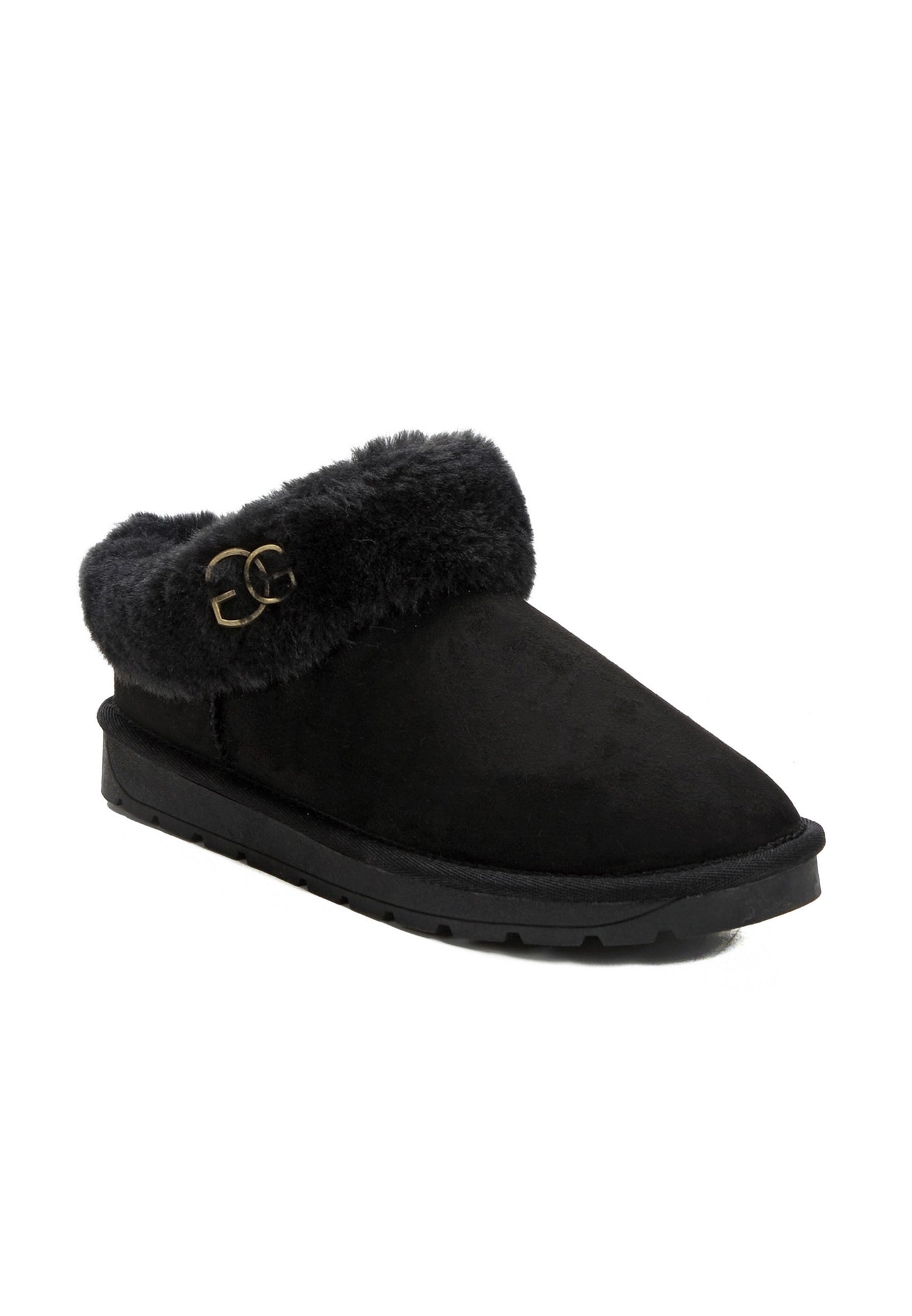 Bottine fourrée Ensha noire de trois-quarts avant, microfibre noire mate sur le bout