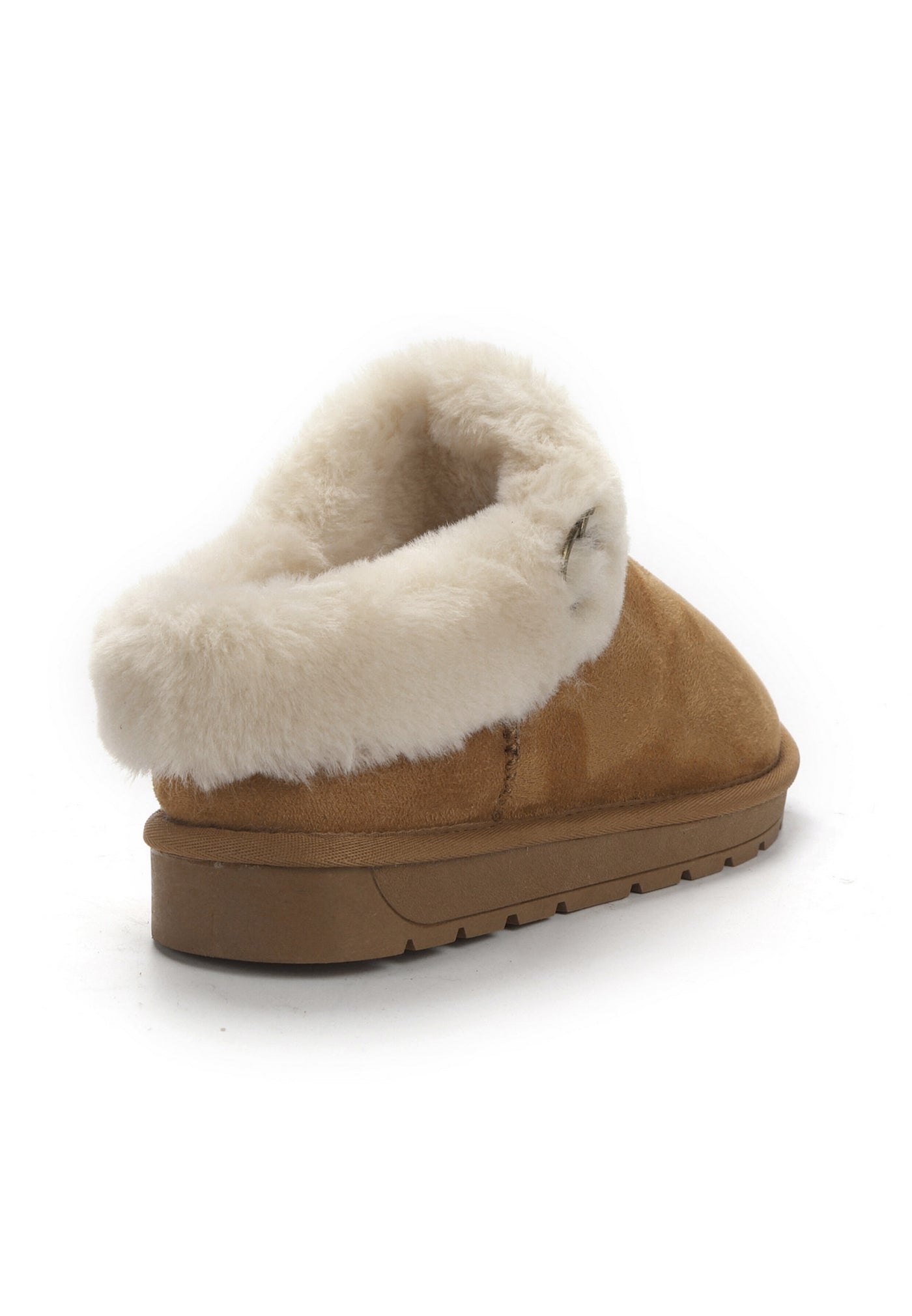 Bottine fourrée Ensha camel vue de dos, col dressé et semelle caramel crantée