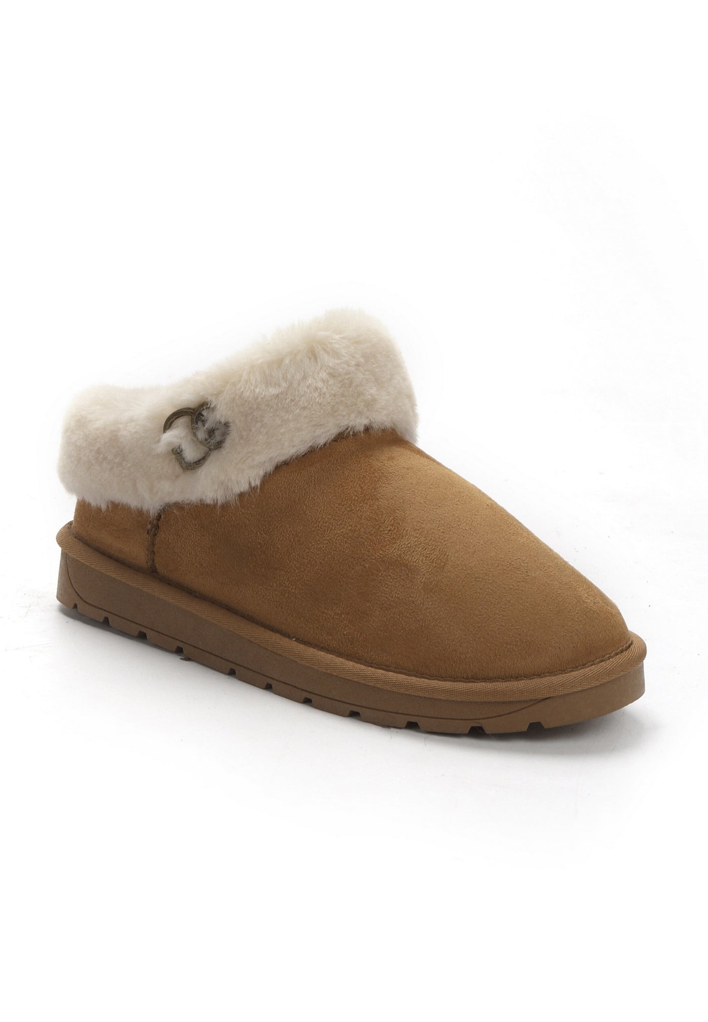 Bottine fourrée Ensha camel de trois-quarts avant, bout arrondi en microfibre mate